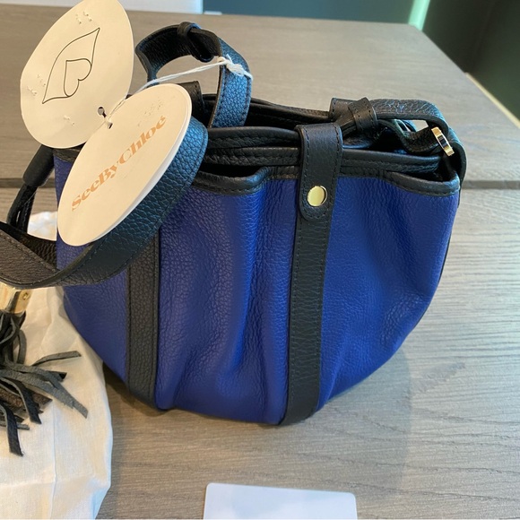 NWT See by Chloe Electric blue and black Crossbody shoulder leather bag tassels - Picture 3 of 14